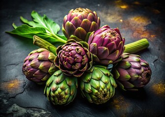 Obraz premium Fresh Artichokes on Rustic Metal, Spring Vegetables, Gourmet Food Photography