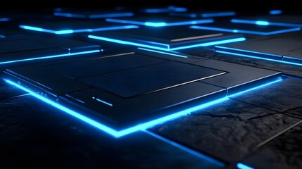 Illuminated Circuit Board Design with Blue Light on Dark Surface