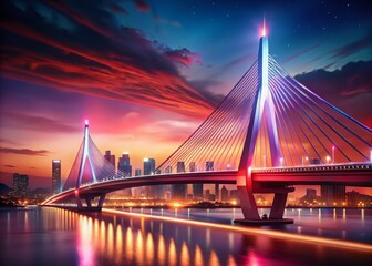 Fototapeta premium Osaka Tempozan Bridge Night View: Bokeh Lights, Cable-Stayed Design, Cityscape