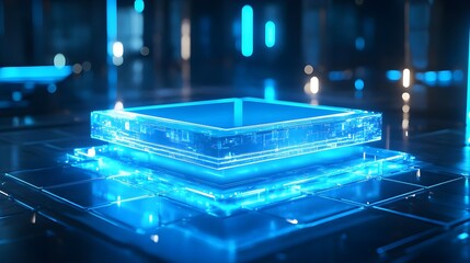 Futuristic Neon Blue Circuit Board Display with Glowing Elements in Modern Space