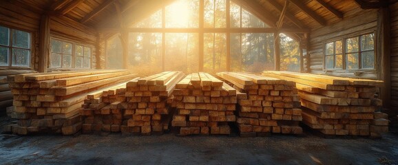 Stacked Lumber In Sunlight Filled Wooden Warehouse