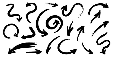 Collection of different arrows drawn by hand with brushes. Grunge or doodle looking directional signs for web package or other usage. many shapes and concept for video and educational purposes