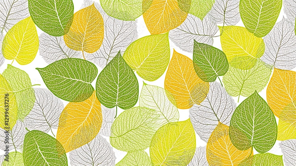 Poster harmonious display of green yellow and gray leaves creating a natural abstract leafy pattern 93 char
