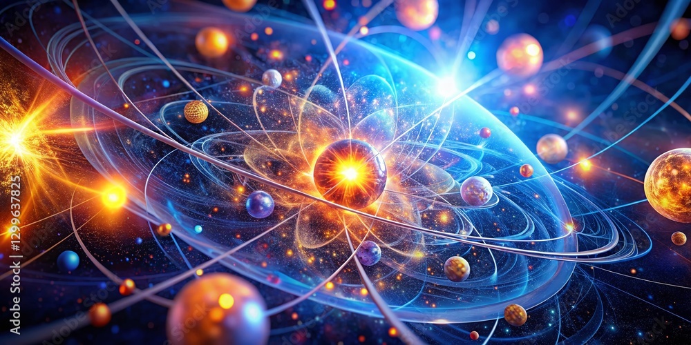 Poster panoramic abstract atomic structure: energy and particle fusion