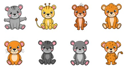 Fototapeta premium Cartoon Animal Set Featuring Cute and Diverse Characters Sitting Down