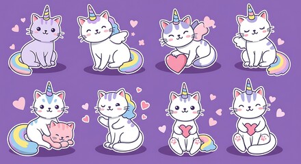 Cute Unicorn Cat Cartoon Illustrations for Stickers, Prints and More