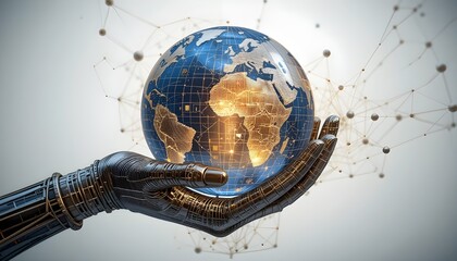 A 3D-Printed Metallic Hand Holding a Smart Earth with Digital Grids, Highlighting Global IoT Networks