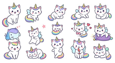 Cute Cartoon Unicorn Cats Stickers Adorable Kawaii Style Design