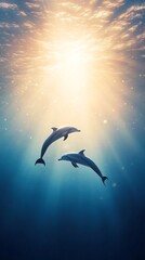 Fototapeta premium Dolphins swimming ocean soft blue gradient