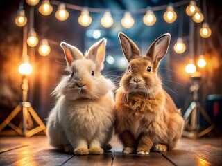 Obraz premium Panoramic Backstage Bunnies: Two Adorable Rabbits Relaxing Behind the Scenes