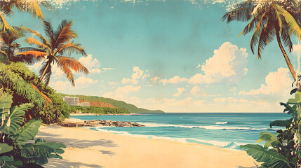 Vintage travel poster with sun faded hues and distressed creases giving an authentic aged paper texture