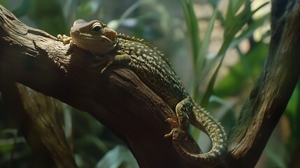 A close-up of a bearded dragon resting on a branch amidst lush greenery, showcasing its textured scales and vibrant colors