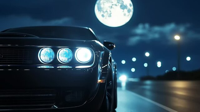 Nighttime scene featuring a sleek car with illuminated headlights under a full moon