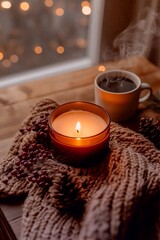 Amber glass candle with warm bokeh and knitted sweater cozy