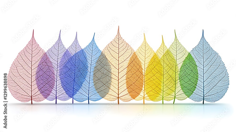 Poster translucent autumnal leaves gradient on white background creating a spectral display of colors