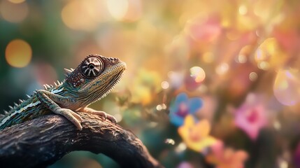 A close-up of a colorful lizard resting on a branch among vibrant flowers, capturing the essence of nature's beauty and intricate detail