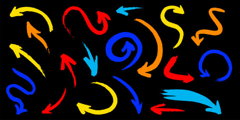Collection of different arrows drawn by hand with brushes. Grunge or doodle looking directional signs for web package or other usage. many shapes and concept for video and educational purposes
