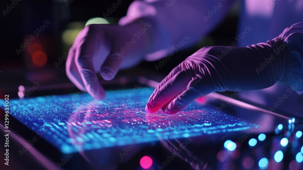 Poster gloved hands interacting with a futuristic touchscreen table displaying glowing data, possibly in a 