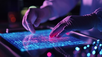 Gloved hands interacting with a futuristic touchscreen table displaying glowing data, possibly in a research laboratory setting, showcasing advanced technology and data analysis