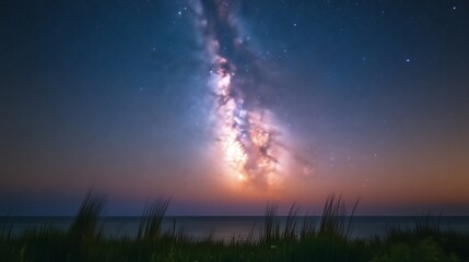 The Milky Way galaxy spans the night sky over the water