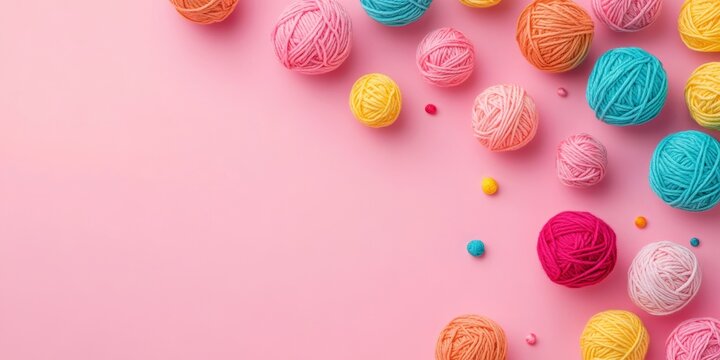 Colorful yarn balls arranged on pink background suitable for crafting and creative projects