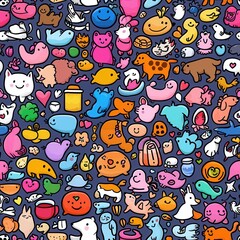 Naklejka premium Cute Animal Pixel Art Seamless Pattern With Bright Colors And Dark Purple Backgrounds