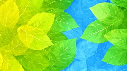 Vibrant Leaves Cascade Green Blue and Yellow Botanical Illustration Nature Art Tranquil Foliage