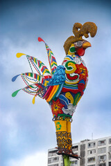 The iconic giant rooster sculpture decorates Recife's Carnival in Brazil with vibrant colors and...