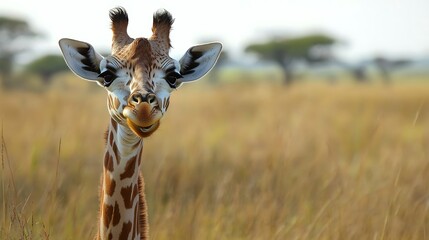 A close-up of a giraffe smiling in a lush African savanna, surrounded by golden grasses and sparse trees, showcasing its long neck and distinctive patterns