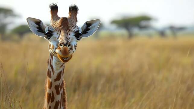 A close-up of a giraffe smiling in a lush African savanna, surrounded by golden grasses and sparse trees, showcasing its long neck and distinctive patterns