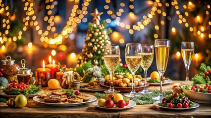 Fototapeta premium Panoramic Festive Table Setting: Delicious Food & Wine for Celebration