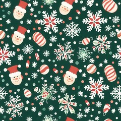 Festive Green Christmas Pattern with Holiday Figures and Decorations Description Happy holiday