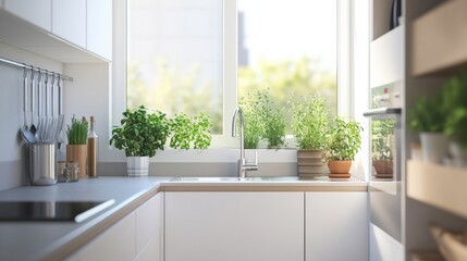 Fototapeta premium A compact kitchen showcasing sleek stainless steel appliances paired with minimalistic cabinetry in soft pastel colors accentuated by a small farmhouse sink and a vibrant indoor herb