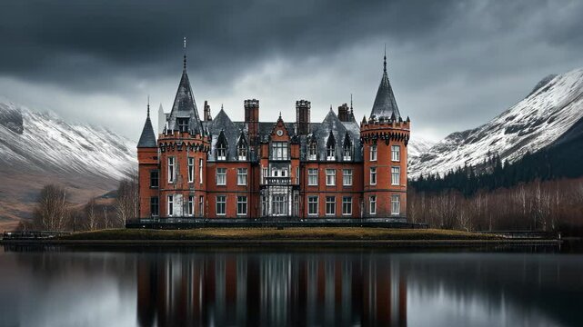 Majestic redstone castle surrounded by mountains and serene lake during cloudy twilight