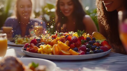 A group of friends leans in close over a marble table sharing a large shared plate of brunch items where a colorful fruit platter and artisanal bread create a visually appealing centerpiece