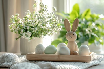Cozy modern interior featuring an Easter-themed display with a wooden bunny and pastel eggs in soft natural light