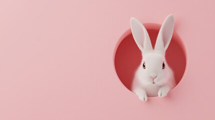 Obraz premium Curiously peeking white rabbit in a circular hole against a smooth pastel pink background for a playful Easter theme