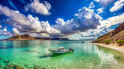 Fototapeta premium Panoramic La Paz Beach: Anchored Motorboat, Baja California Sur Coastline