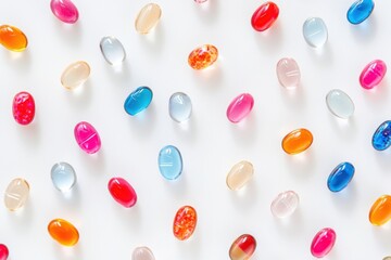 Colorful pharmaceutical capsules create a vibrant and modern flat lay composition on a clean white background