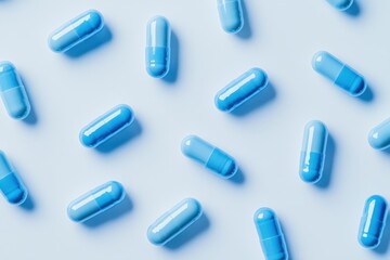 Scattered glossy blue pharmaceutical capsules on clean white background
