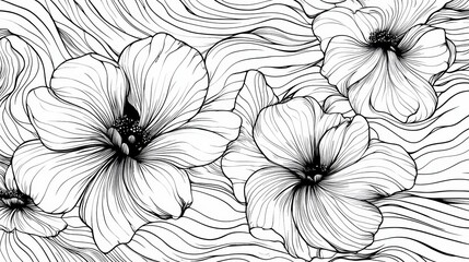 Abstract Wave Black Outline Floral