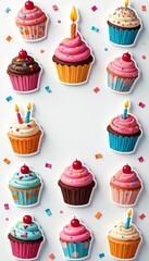 Assortment of birthday themed stickers featuring cupcakes, candles, and confetti, graphic, design