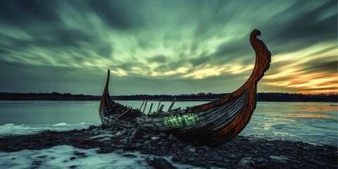 Mysterious Abandoned Viking Shipwreck on Icy Shoreline During Stunning Vibrant Nordic Sunset with Dramatic Sky and Eerie Green Glow in Vector Art