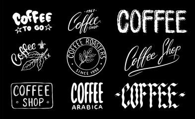 Coffee badges or emblems for your shop or package. To go and arabica coffee. Simple designs ready to use in your business. Gothic and traditional scripts with phrases. Engraved, brush drawn elements