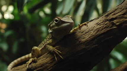A close-up view of a lizard resting on a branch amidst lush green foliage, showcasing its textured skin and vibrant colors