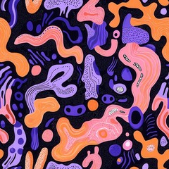 Obraz premium Abstract Seamless Pattern With Orange Purple Pink Shapes On Dark Backgrounds And Sparkle Effects