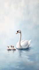 Fototapeta premium Mother swan cygnets swimming pastel pond