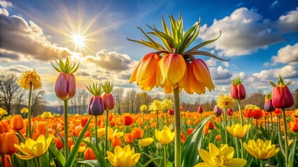 Obraz premium Panoramic Spring Meadow: Orange Crown Imperials, Daffodils, and Tulips