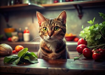 Panoramic Tabby Cat Peeking Over Kitchen Counter with Herbs and Vegetables
