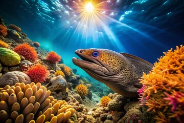 Obraz premium Panoramic Underwater Moray Eel: Wild Ocean Predator, Marine Life, Nature Photography